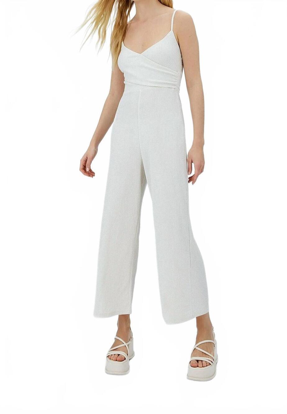 NEW STRADIVARIUS wrap-style pleated bodice romper in tan/ white